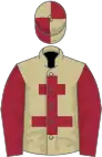 Beige, maroon cross of lorraine and sleeves, quartered cap