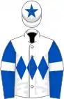 White, royal blue triple diamond, royal blue sleeves, white armlets, white cap, royal blue star