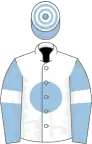 White, blue disc, blue sleeves, white armlets, light blue and white hooped cap