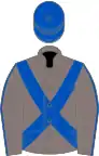 Confederate grey, royal blue cross sashes, blue seam on sleeves, blue cap