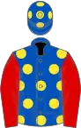 Royal blue, yellow spots, red sleeves