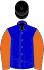 Blue, orange sleeves, black cap