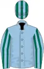Light blue, dark green striped sleeves and cap