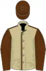 Beige, brown seams, brown sleeves, brown cap