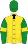 Yellow, green sleeves, yellow armlets, green cap