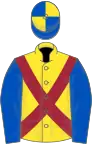 Yellow, maroon cross belts, royal blue sleeves, royal blue and yellow quartered cap