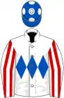White, royal blue triple diamond, white and red striped sleeves, royal blue cap, white spots