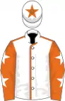 White, orange seams, orange sleeves, white stars, white cap, orange star