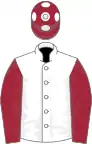 White, maroon sleeves and cap with white spots