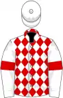 White and red diamonds, white sleeves, red armlets, white cap
