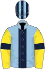 Light blue, dark blue stripe, yellow sleeves, dark blue armlets, light blue and dark blue striped cap
