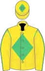 Yellow, emerald green diamond on body and cap, yellow sleeves, emerald green seams
