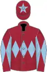 Maroon, light blue triple diamond, diabolo on sleeves, light blue star on cap