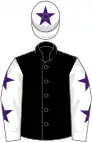 Black, white sleeves, purple stars, white cap, purple star