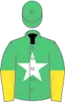 Emerald green, white star, yellow halved sleeves, emerald green cap