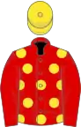 RED, yellow spots, red sleeves, yellow cap