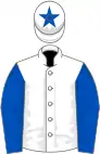 White, royal blue star, sleeves and star on cap