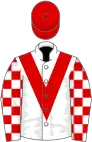 White, red chevron, checked sleeves, red cap