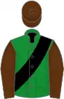 Green, black sash, brown sleeves and cap