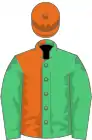 Emerald green and orange (halved), emerald green sleeves, orange cap