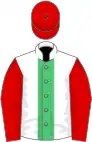 White, emerald green stripe, red sleeves and cap