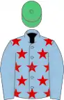 Light blue, red stars, light blue sleeves, emerald green cap