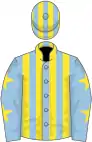 Light blue and yellow stripes, yellow stars on sleeves, yellow and light blue striped cap