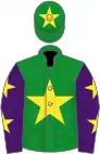 Green, yellow star, purple sleeves, yellow stars, green cap, yellow star