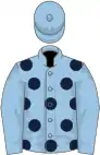 Light blue, dark blue spots, light blue sleeves and cap