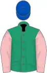 Emerald green, pink sleeves, royal blue cap