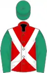 Red, white cross sashes, emerald green sleeves and cap