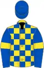 Yellow and royal blue check, royal blue sleeves, yellow armlets, royal blue cap