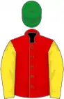 Red, yellow sleeves, green cap
