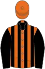 Orange and black stripes, black sleeves, orange cap