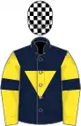 Dark blue, yellow inverted triangle, yellow sleeves, dark blue armlet, black and white check cap