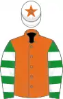 Orange, green and white hooped sleeves, white cap, orange star