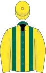 Dark green and yellow stripes, yellow sleeves and cap