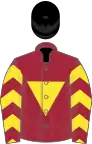 Maroon, yellow inverted triangle, yellow chevrons on sleeves, black cap
