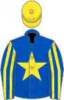 Royal blue, yellow star, striped sleeves, yellow cap