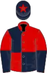 Red and dark blue (quartered), halved sleeves, dark blue cap, red star