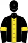 Black, yellow stripe, black sleeves, yellow armlets, black cap