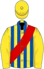 Yellow, royal blue stripes, red sash, yellow sleeves, yellow cap