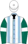 Light blue and white stripes, dark green sleeves, white armlets, white cap