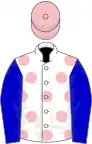 White, pink spots, blue sleeves, pink cap