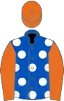 Royal blue, white spots, orange sleeves and cap