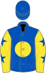 Royal blue, yellow disc, yellow sleeves, royal blue stars