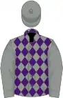Grey and purple diamonds, grey sleeves and cap