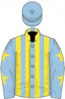 Light blue and yellow stripes, light blue sleeves, yellow stars, light blue cap