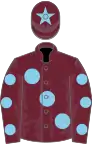 Claret, large sky blue spots, spots on sleeves, star on cap