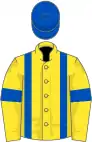 Yellow, royal blue braces and armlets, royal blue cap